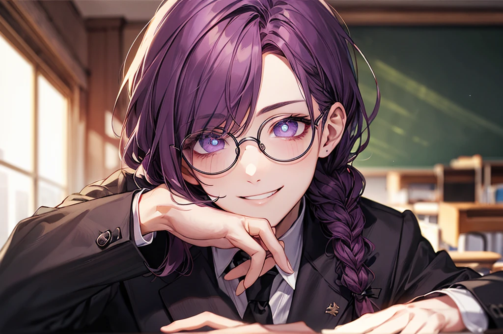 men's,single braid hair,violet colored hair,(Eye 1:2,Clear eyes,Elaborate Eyes,Delicate pupils,Good eyes,eye detailed),Face Focus,Adult,In black suit,best qualtiy,facial detailing,Classroom,sit on desk,sitting in the couch,lazy,Detailed background,diffuse sunlight,depth of fields,Studying Smiling at your desk, violet eyes,black gloves, round glasses, long sleeves,violet hair, smile,