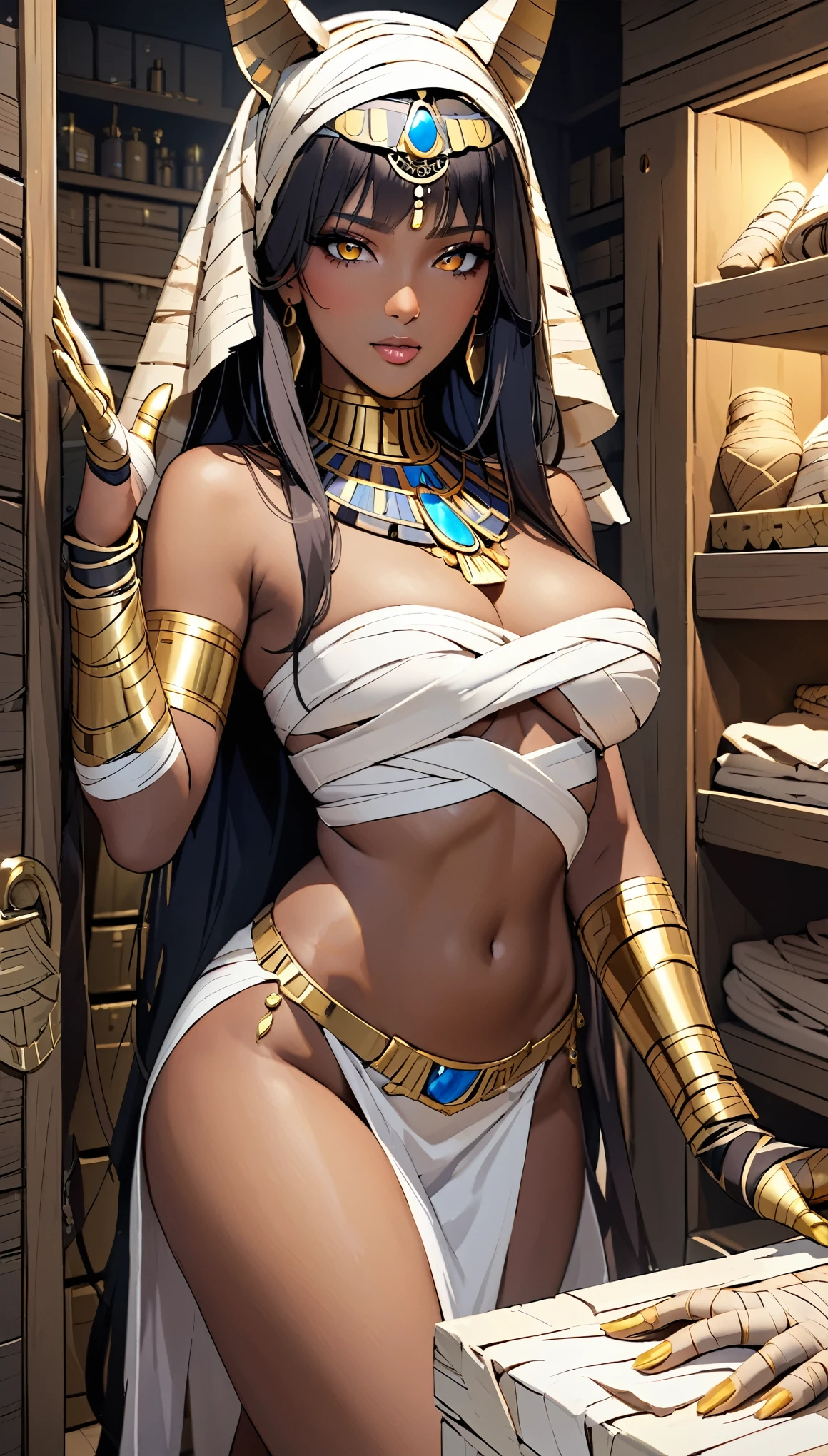 (masterpiece:1.2, Highest quality,Highest quality,Super detailed),8k,wallpaper,Female Anubis God,(Detailed face,Beautiful Face,Beautiful Skin,Dark Skin,Beautiful Hair),(Functional),(Revealing outfits),(Shining Jewelry),(Shiny Costumes),(Perform a procedure on a mummy in the mummy storage room:1.2),(Hand,detailed,perfect,perfection,hands),(((Detailed hands,Beautiful female hands)))