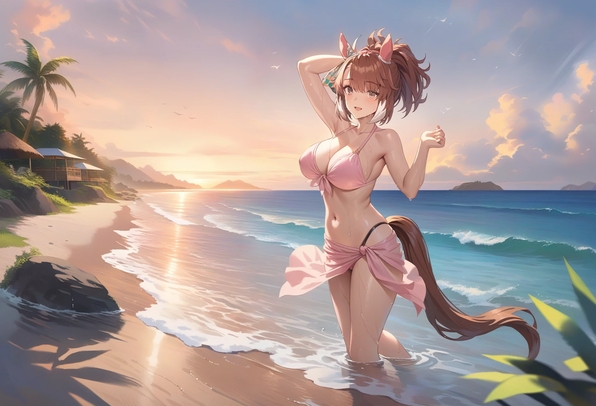 
dantsu_flame\(umamusume\), hiten kei style, claude monet, oil painting, masterpiece, hyper realistic, realistic skin, best quality, 1girl, seaside, large breasts, bikini, pink swimsuit, full body, vector illustration, light smile, bangs, ponytail, stomach, navel, bare shoulders, brown hair, horse ears, horse tail, wet, soaked, raining, sarong, sky, hands up, arched back, stretching, open mouth, sunset, resting, resort, wet body, beach, washing her body, taking bath, arched back, island