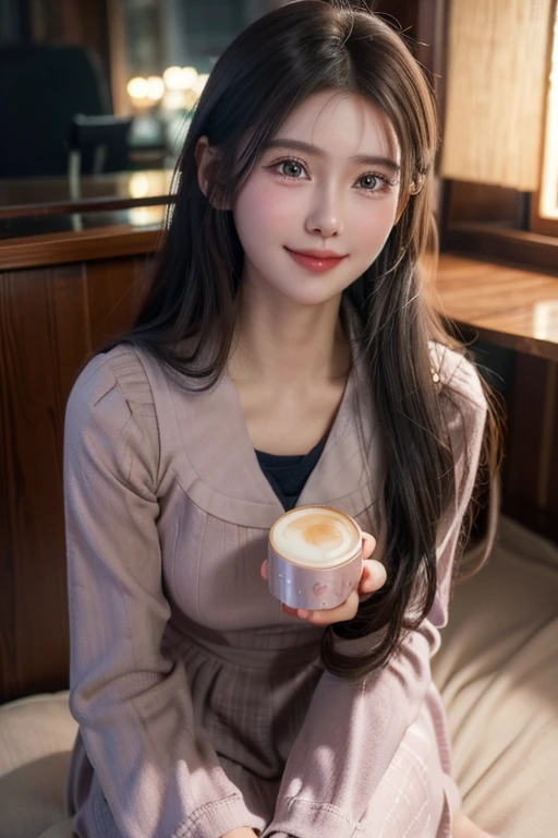a smiling young girl with rosy cheeks, wearing an school dress, sitting on a coffee cup, beautiful detailed eyes, beautiful detailed lips, extremely detailed eyes and face, long eyelashes, hyper realistic, highly detailed, 8k, masterpiece, cinematic lighting, vibrant colors, soft focus, dreamlike, fantasy, whimsical, warm color palette