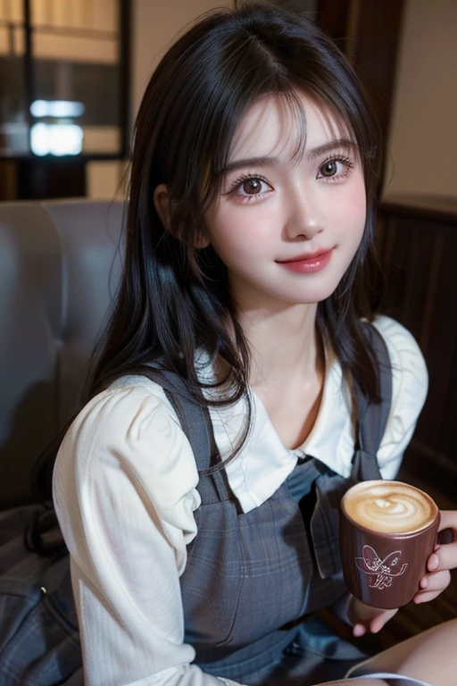 a smiling young girl with rosy cheeks, wearing an school dress, sitting on a coffee cup, beautiful detailed eyes, beautiful detailed lips, extremely detailed eyes and face, long eyelashes, hyper realistic, highly detailed, 8k, masterpiece, cinematic lighting, vibrant colors, soft focus, dreamlike, fantasy, whimsical, warm color palette