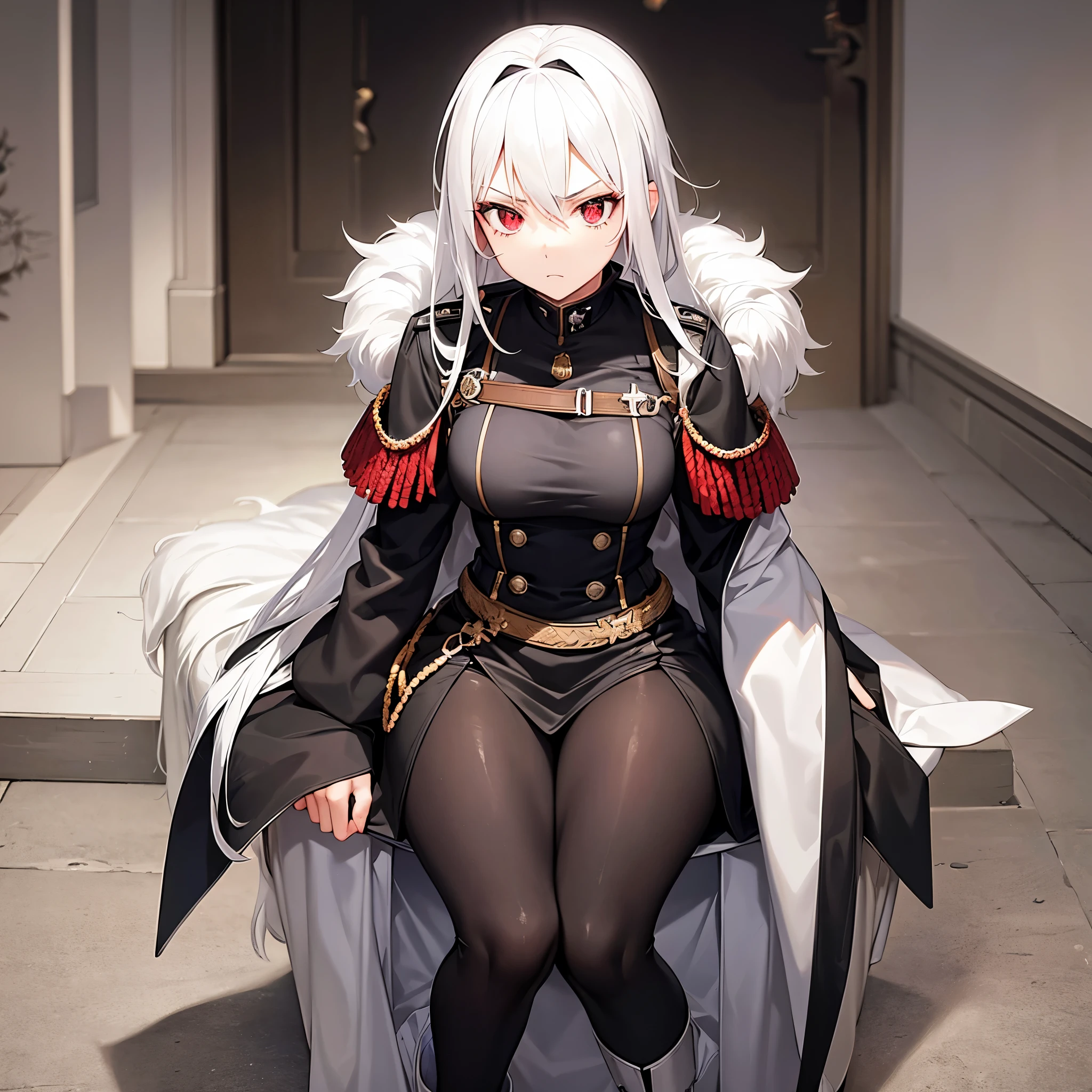 Black german world war 2 outfit, young 18 year old female, white hair, red eyes, serious expression, war background, anime style, sitting in the thrown.