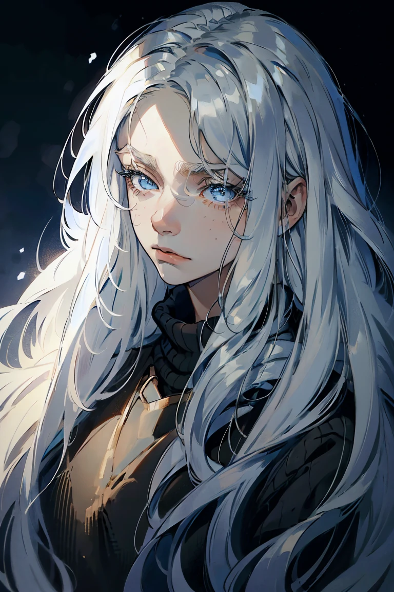 ((1 boy)), detaile close portrait, (long straight white hair), loose hair, (Hair closes the eyes), big Blue eyes, long eyelashes, beautiful detailed eyes, modest, quiet, lonely, An anxious look, upset, black soft sweater, soft light, beautiful detailed face, 8K, masterpiece