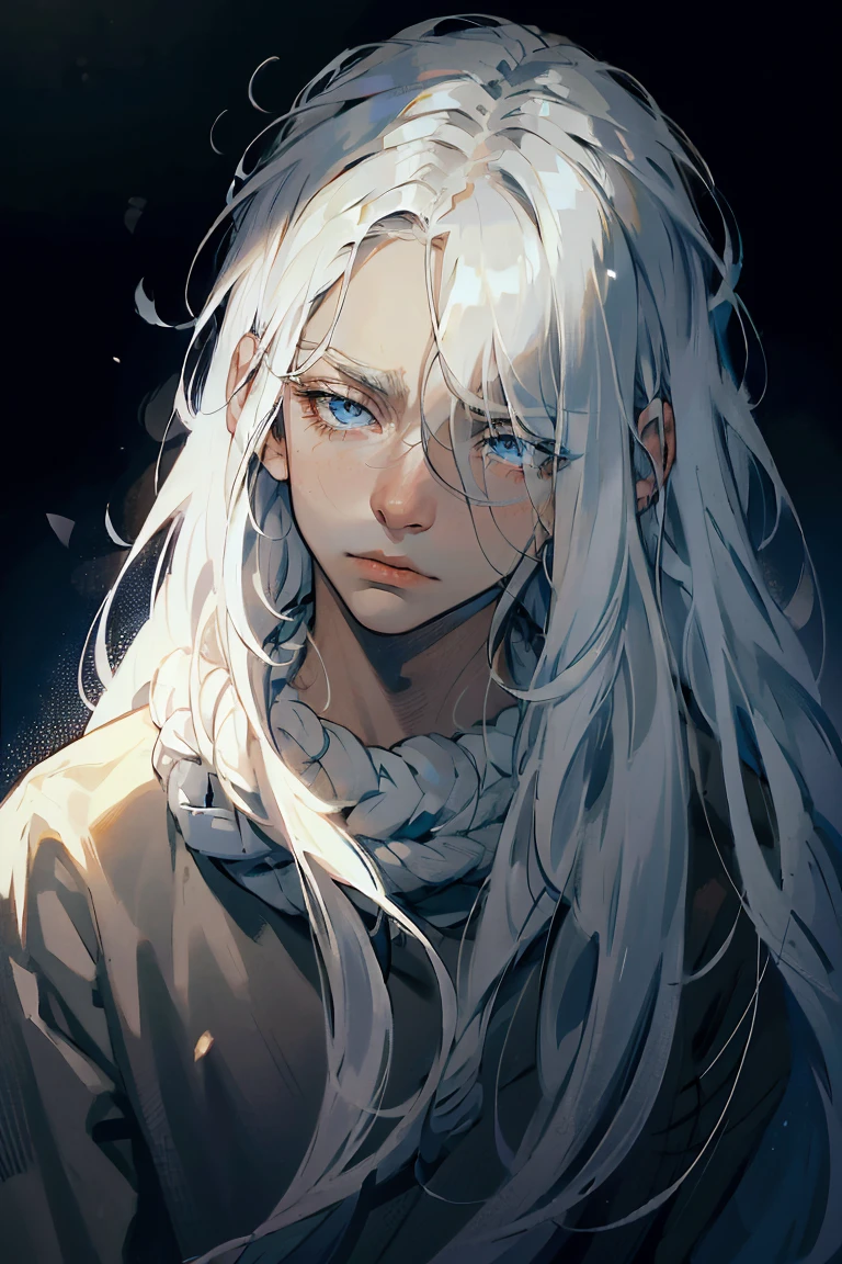 ((1 boy)), detaile close portrait, (long straight white hair), loose hair, (Hair closes the eyes), big Blue eyes, long eyelashes, beautiful detailed eyes, modest, quiet, lonely, An anxious look, upset, black soft sweater, soft light, beautiful detailed face, 8K, masterpiece, dark background, details on the background