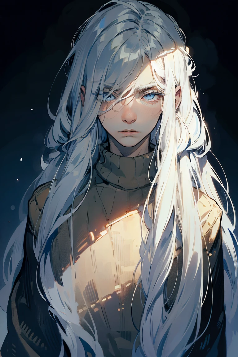 ((1 boy)), detaile close portrait, (long straight white hair), loose hair, (Hair closes the eyes), big Blue eyes, long eyelashes, beautiful detailed eyes, modest, quiet, lonely, An anxious look, upset, black soft sweater, soft light, beautiful detailed face, 8K, masterpiece