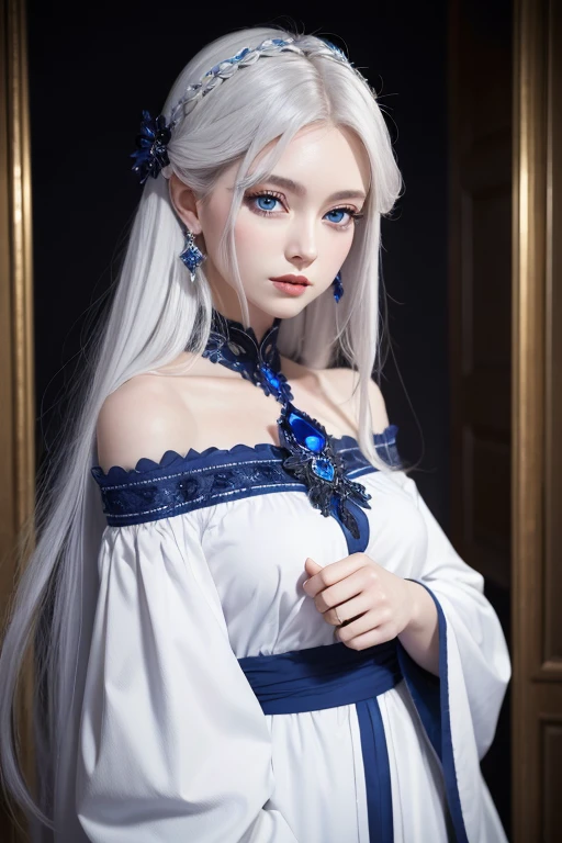 masterpiece, Highest quality, Very detailed, crystal, Intricate details, High resolution, Official Art, Beautifully detailed face and eyes, High resolutionの写真, 8k, Depth of written boundary, Bokeh, alone, One girl, White haired and blue eyed goddess, Long white hair, Beautiful red eyes, heaven, whole body, View your viewers,