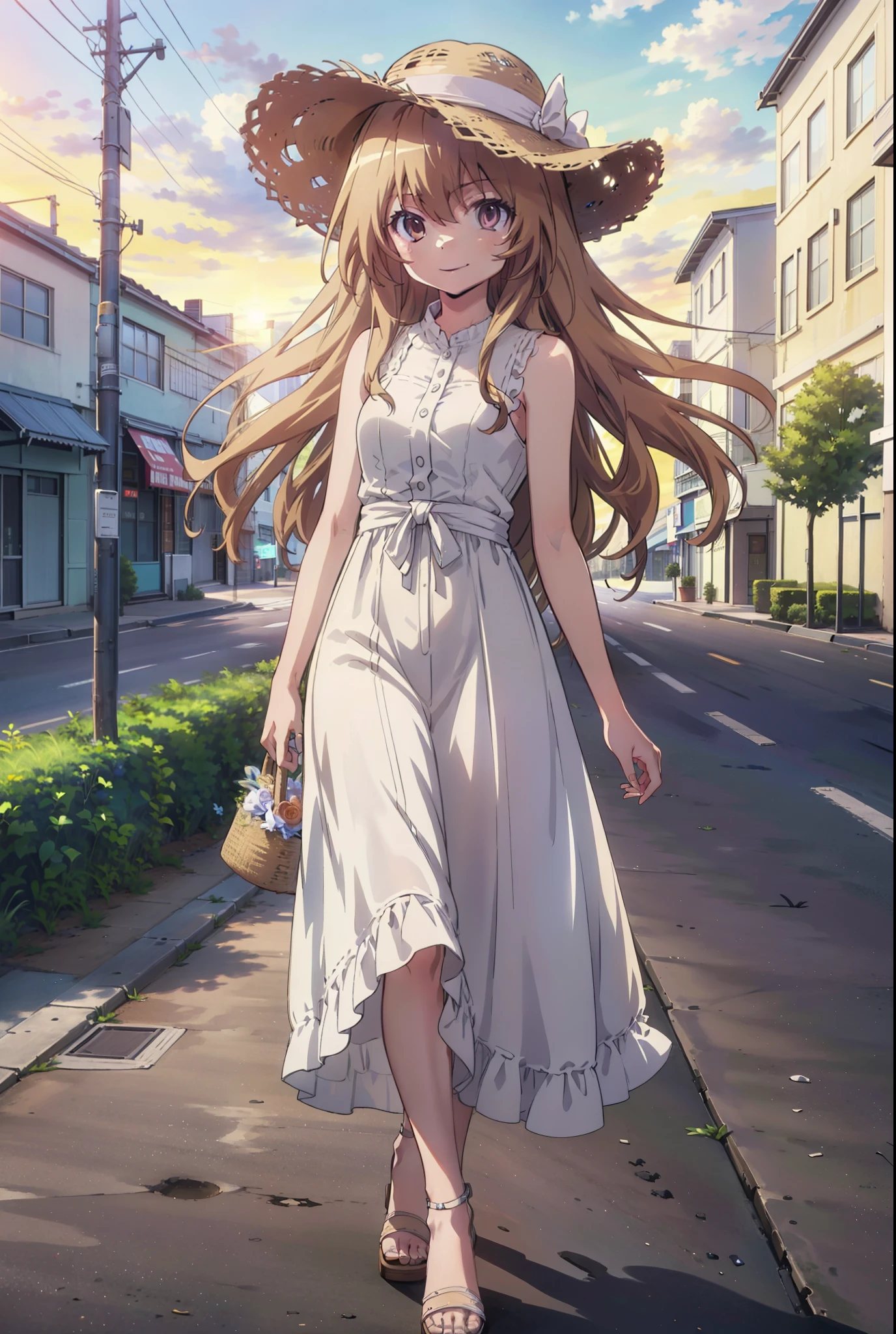 Aisaka Taiga, Aisaka Taiga, Long Hair, Brown Hair, Brown eyes,happy smile,smile, Close your mouth,Straw hat,White sleeveless dress,Long skirt,Heeled Sandals,evening,sunset,The sun is setting,whole bodyがイラストに入るように,Walking,　　　　　　　　　　　　  　　　　　break looking at viewer, whole body,(Cowboy Shot:1. 5),　　　　　
break outdoors,Coastal Road,In town,
break (masterpiece:1.2), Highest quality, High resolution, unity 8k wallpaper, (shape:0.8), (Beautiful attention to detail:1.6), Highly detailed face, Perfect lighting, Extremely detailed CG, (Perfect hands, Perfect Anatomy),