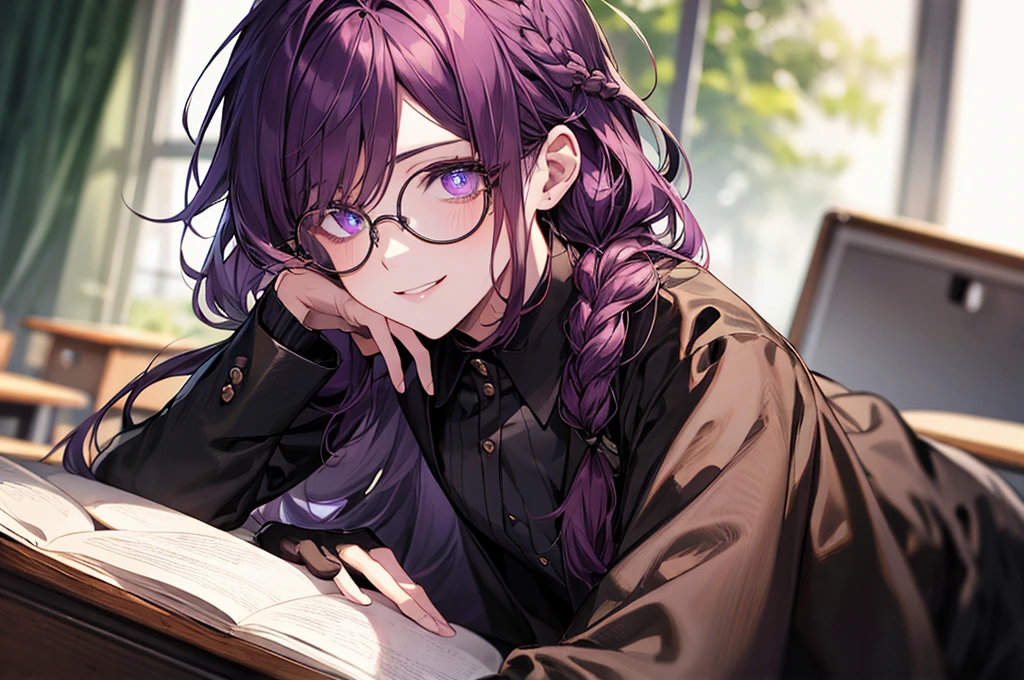 men's,single braid hair,violet colored hair,(Eye 1:2,Clear eyes,Elaborate Eyes,Delicate pupils,Good eyes,eye detailed),Face Focus,Adult,In black suit,best qualtiy,facial detailing,Classroom,sit on desk,sitting in the couch,lazy,Detailed background,diffuse sunlight,depth of fields,Studying Smiling at your desk, violet eyes,black gloves, round glasses, long sleeves,violet hair, smile,