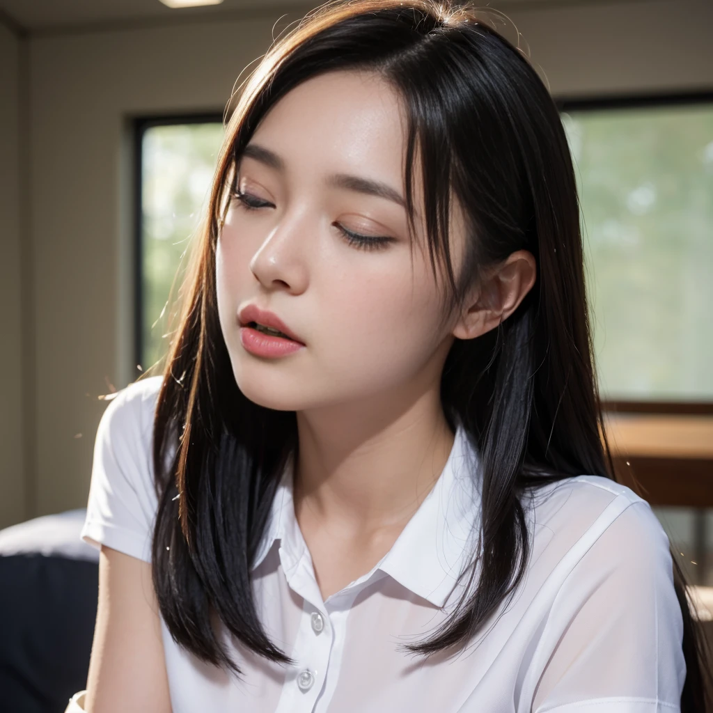 side pose:1.2, thai university uniform:1.4,Close ~ eyes:1.2,Open your mouth:1.2,Tired face:1.2,Face of Suffering:1.2,sky face:1.2,sleeping face:1.2,  masterpiece、beautiful girl、fine 目、puffy eyes、highest quality, High resolution, (reality: 1.4), Cinema Lighting,so beautiful、Beautiful Skin、(super reality)、(High resolution)、(8k)、(Very detailed)、(beautiful and fine 目)、(Very detailed)、 Detailed face、black straight long hair、20-year-old、white short-sleeve button up shirt:1.2, black tight mini skirt:1.2, metal shirt buttons:1.3, in the dark classroom:1.1, looking up face:1.2, dark tone:1.1, medium close up:1.1, hair on the face:1.2