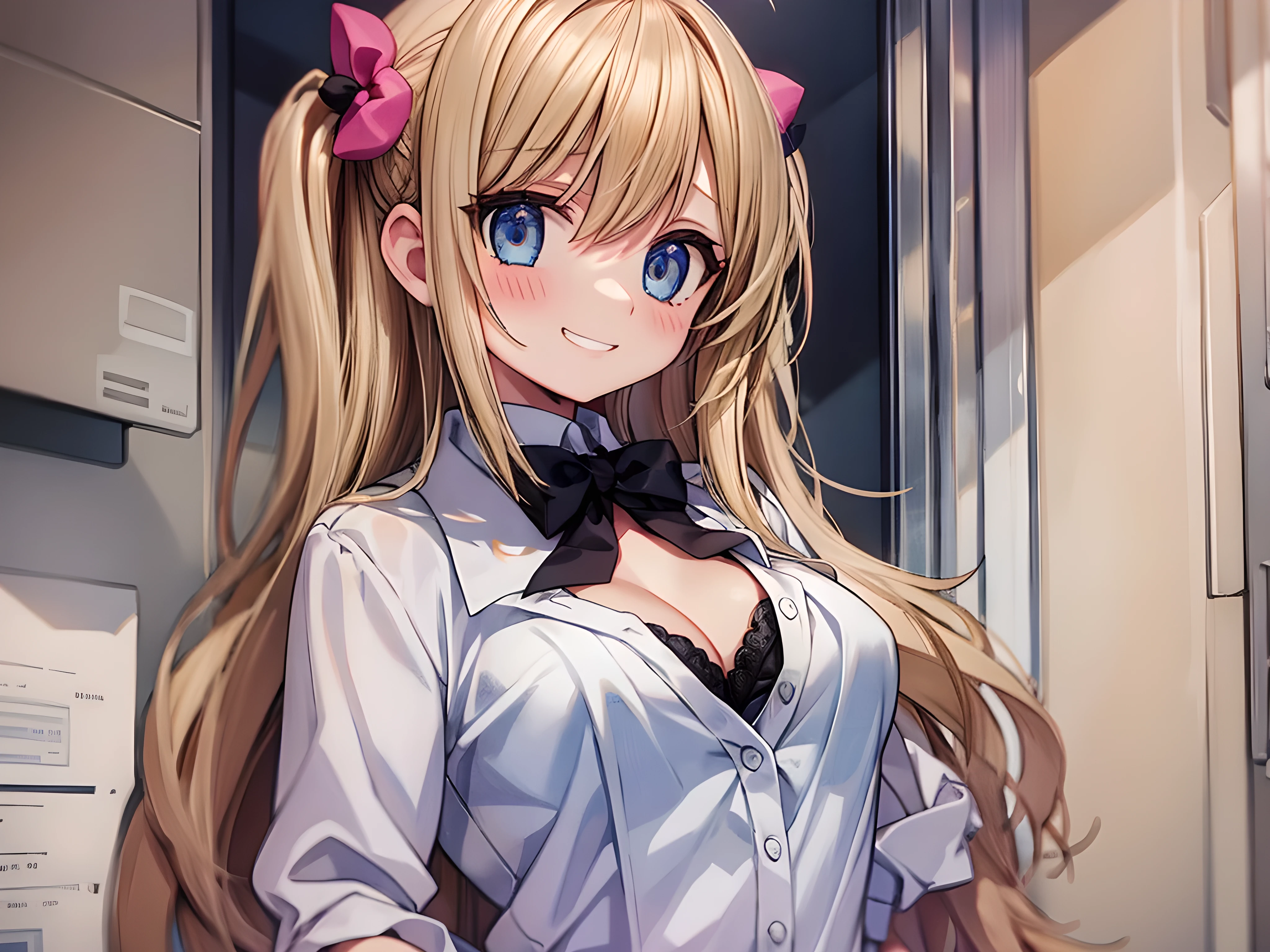 solo,1girl,blush,blond hair,twintail,long hair,eyes blue eyes,grin,medium breasts,open white formal shirt,pink bra,panties,
