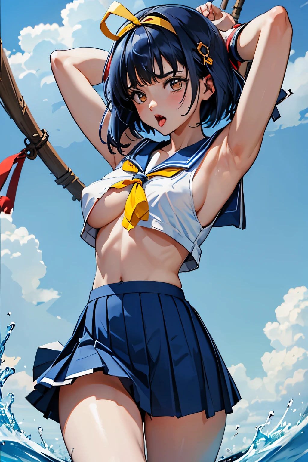 Asuka Honda、明日香、ASKA120%、Blue Hair、Bobcut、Dark Eyes、Yellow ribbon on the head、White Sailor Suit、A large yellow ribbon on the chest、Blue Skirt、Defeated、Captive、Detained、Crucified on the Cross、Chain bondage、He is tied up with his arms spread wide、Disheveled Sailor Uniform、Torn sailor suit、Torn Skirt、Exposed skin、Pants exposure、Bra Exposure、、My skirt got torn、Showing off、Nipple erection、Estrus、Ahegao、Scared、Feeling embarrassed、blush、Ahegao、Acme Face、Open your mouth and stick out your tongue、Explosive Chemicals、(((SFW、sound、Highest quality、first-clasasterpiece、Normal body、8k、Detailed face、Ultra-precision、Normal hand、Normal finger、5Finger、Highest)))