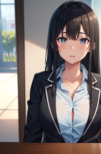 Yukiyuki Yukinoshita, Yukinoshita Yukino, Black Hair, blue eyes, Long Hair,
Rip off your blazer, cardigan, Jacket, Plaid, Plaidskirt, , skirt, Sobu High ,,
Indoor rest, Crude room,
break looking at viewer, break (Tabletop:1.2), Highest quality, High resolution, unity 8k wallpaper, (figure:0.8), (Beautiful attention to detail:1.6), Highly detailed face, Perfect lighting, Highly detailed CG, (Perfect hands, Perfect Anatomy),Laughter,Big Breasts