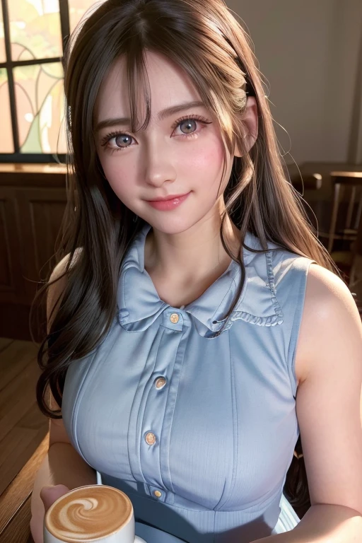 a smiling young girl with rosy cheeks, wearing an school dress, drinking a coffee cup, beautiful detailed eyes, beautiful detailed lips, extremely detailed eyes and face, long eyelashes, hyper realistic, highly detailed, 8k, masterpiece, cinematic lighting, vibrant colors, soft focus, dreamlike, fantasy, whimsical, warm color palette