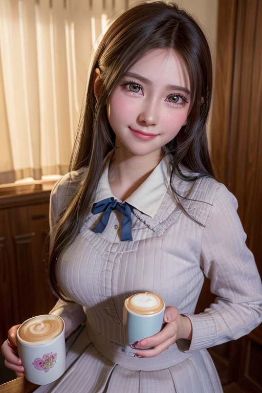 a smiling young girl with rosy cheeks, wearing an school dress, drinking a coffee cup, beautiful detailed eyes, beautiful detailed lips, extremely detailed eyes and face, long eyelashes, hyper realistic, highly detailed, 8k, masterpiece, cinematic lighting, vibrant colors, soft focus, dreamlike, fantasy, whimsical, warm color palette