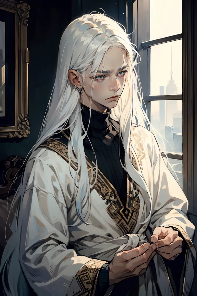 ((1 boy)), detaile close portrait, (long straight white hair), loose hair, (Hair closes the eyes), big Blue eyes, long eyelashes, beautiful detailed eyes, modest, quiet, lonely, An anxious look, upset, black soft sweater, soft light, beautiful detailed face, 8K, masterpiece