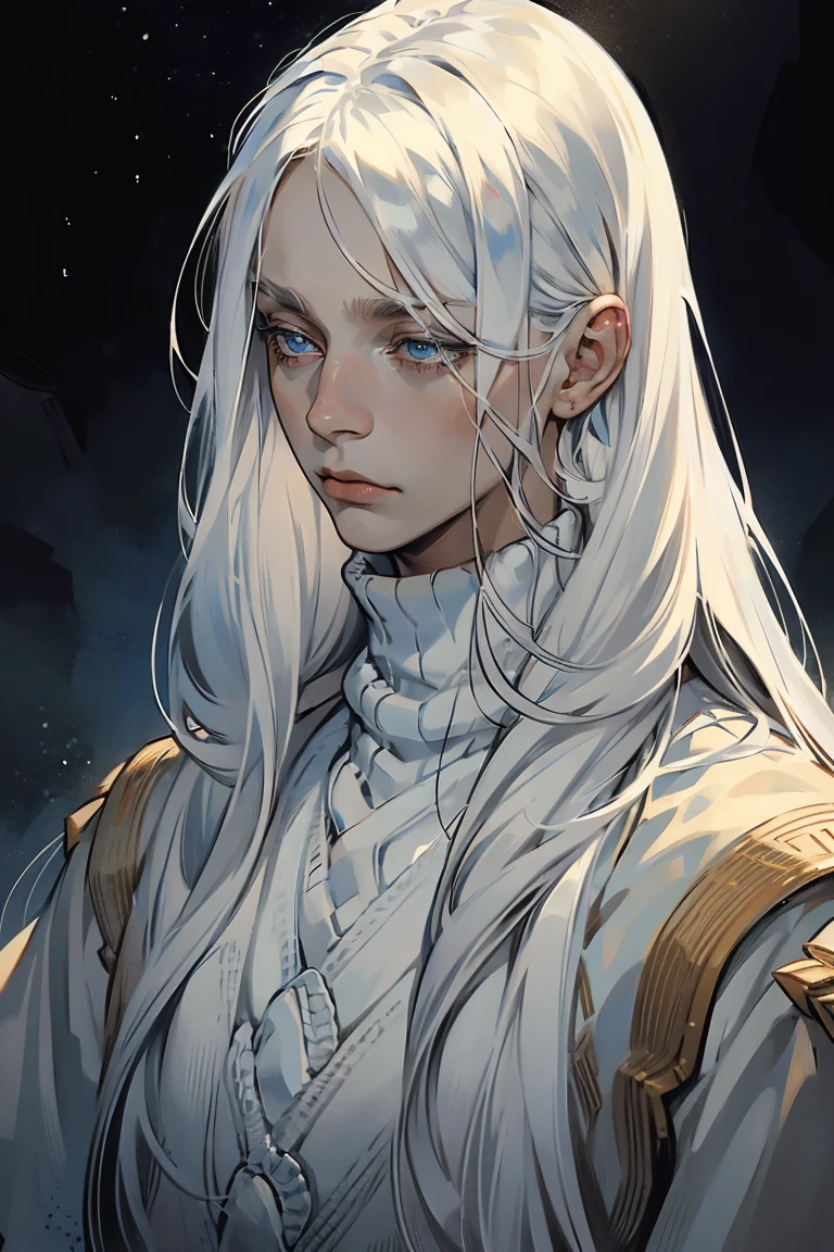 ((1 boy)), detaile close portrait, (long straight white hair), loose hair, (Hair closes the eyes), big Blue eyes, long eyelashes, beautiful detailed eyes, modest, quiet, lonely, An anxious look, upset, black soft sweater, soft light, beautiful detailed face, 8K, masterpiece