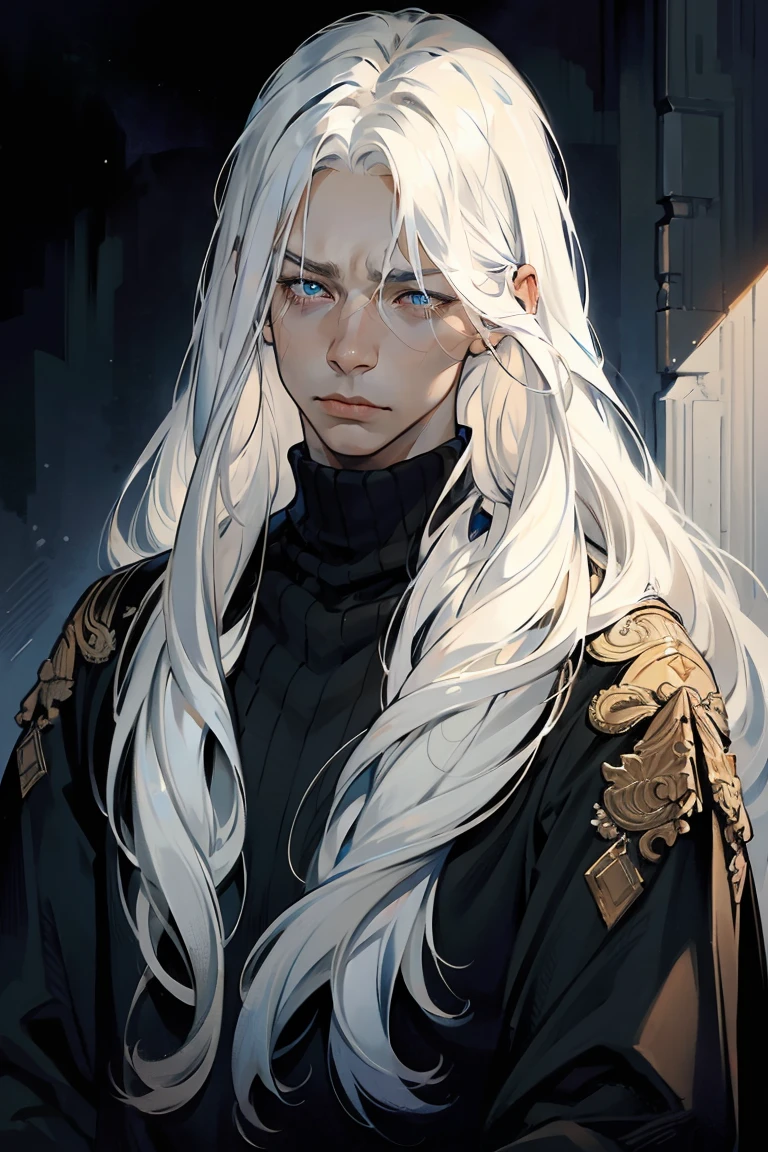 ((1 boy)), detaile close portrait, (long straight white hair), loose hair, (Hair closes the eyes), big Blue eyes, long eyelashes, beautiful detailed eyes, modest, quiet, lonely, An anxious look, upset, black soft sweater, soft light, beautiful detailed face, 8K, masterpiece
