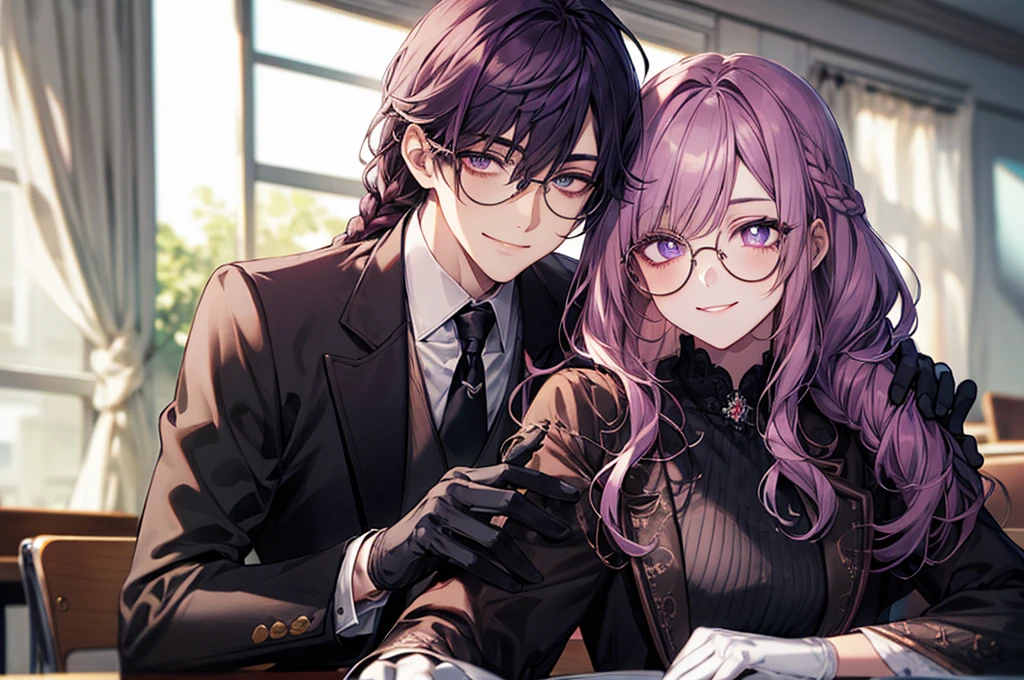 men's,single braid hair,violet colored hair,(Eye 1:2,Clear eyes,Elaborate Eyes,Delicate pupils,Good eyes,eye detailed),Face Focus,Adult,In black suit,best qualtiy,facial detailing,Classroom,sit on desk,sitting in the couch,lazy,Detailed background,diffuse sunlight,depth of fields,Studying Smiling at your desk, violet eyes,black gloves, round glasses, long sleeves,violet hair, smile,
