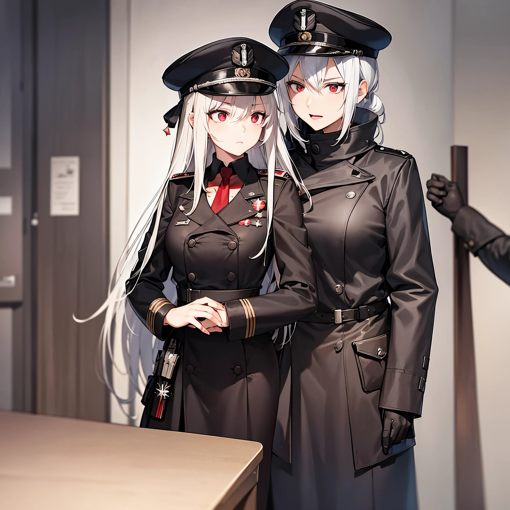 Black german world war 2 outfit, young 18 year old female, white hair, red eyes, serious expression, war background, anime style, having a meeting with her german officers. 