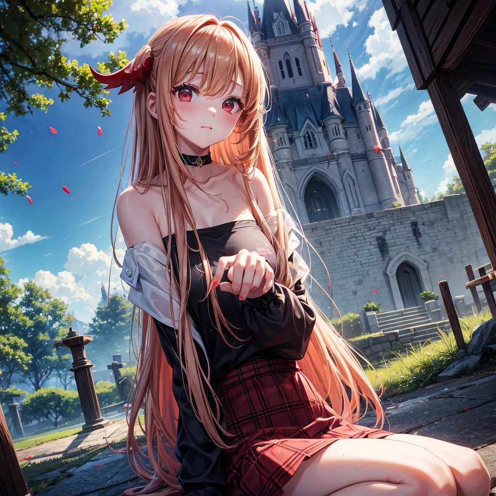 Red-blonde、Red eyes、One cute girl、solo、And soul、Light clothing、Checked mini skirt、petal、Wet hair、Sit on、black t-shirts、large tree、cloud、full moon、monster castle、lanthanum、Hell's Gate、Craft Gatekeeper、barefoot、Stones are piled up、Teeth are visible、Secret Treasure、Wooden chair、Moss grows