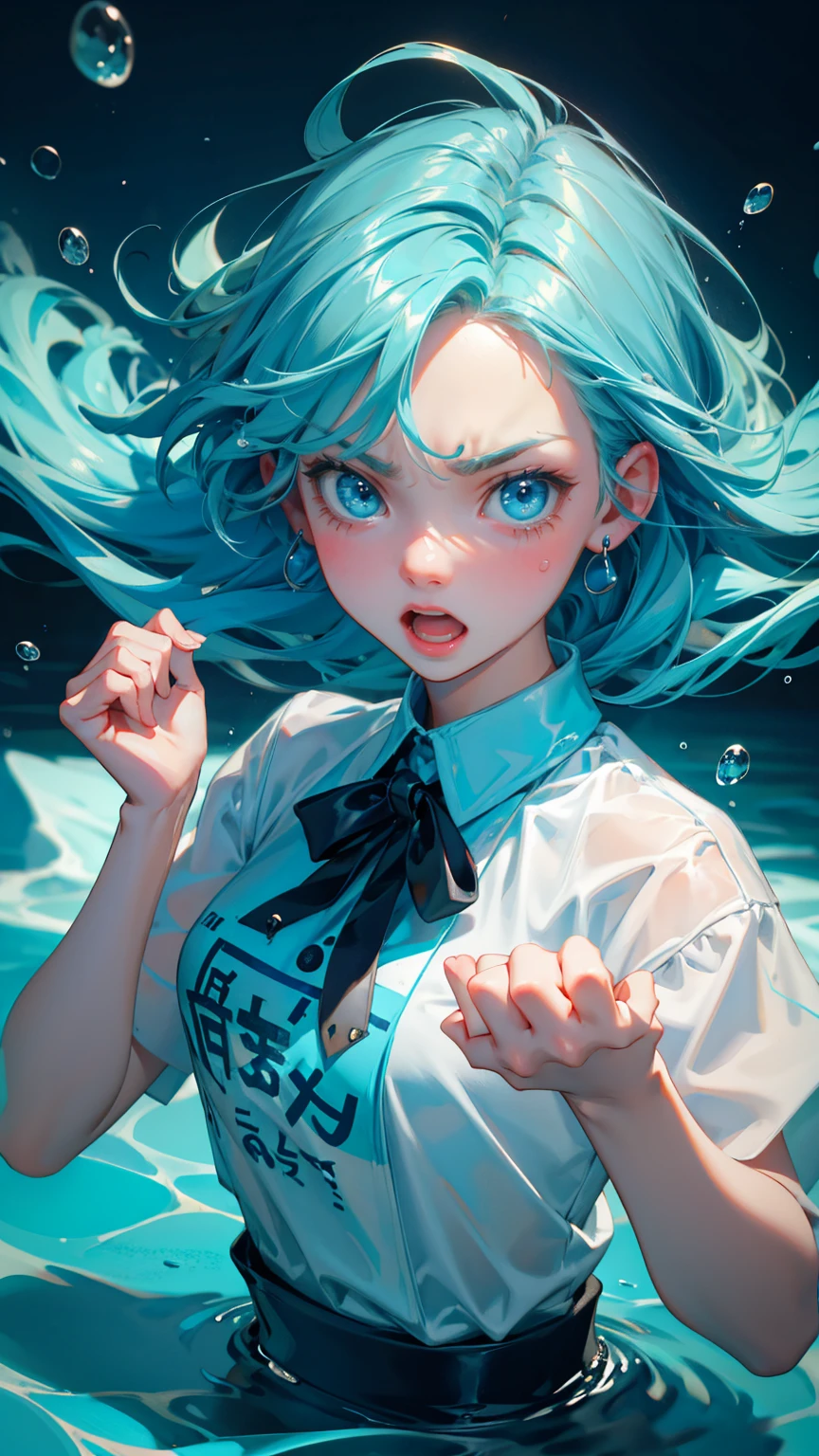 A cute girl with angry emotions with open mouth on face, girl stuck in blue water ice tub, holding onto blue water drops with their hands, hands up for helping, holding a sign board with text "Stuck on it little monsters floating around,