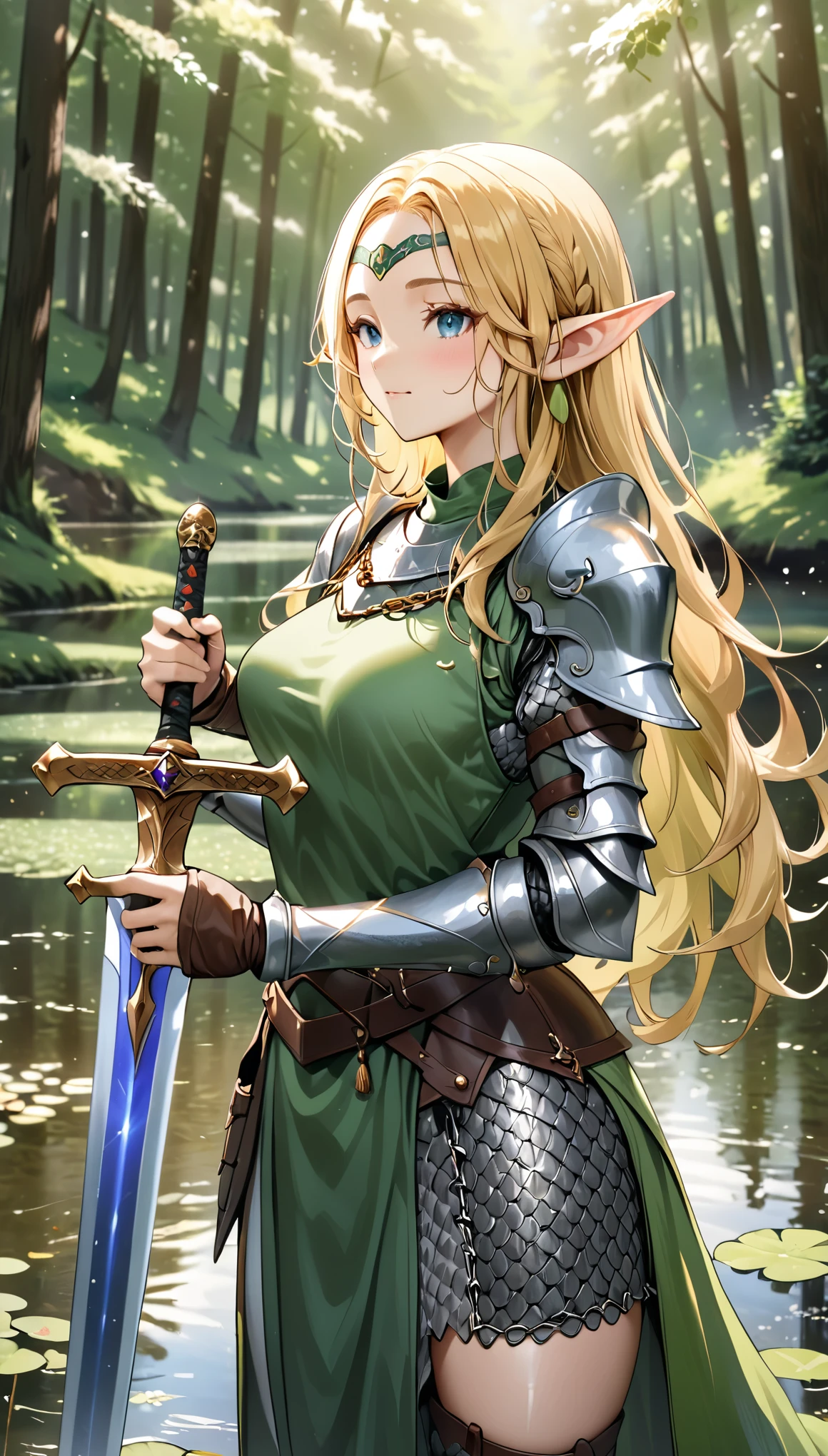 ((best quality)), ((masterpiece)), (detailed), 1 lady, mature, elf, blonde hair, wave hair, shiny hair, hair over one eye, forehead protector, pointy ears, Grip the sword, hold the sword, knight, greem clothes, Chainmail, at pond in forest