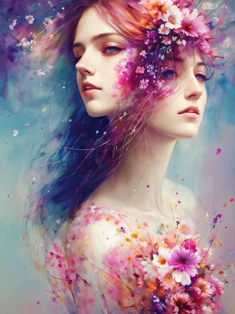 A botanical masterpiece in the style of Marco Mazzoni, detailed, hyper-realistic, elemets of symbolism and surrealism, a painting by mse a attractive seductive woman by agnes cecile, luminous design, pastel colours, ink drips, spring lights, intricate design, intertwined, beautiful attractive seductive woman, flowers, pastel