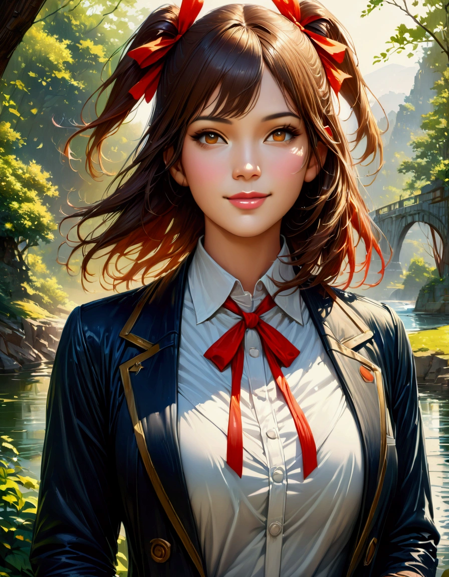 (masterpiece:1.3),(最high quality:1.4),(Very detailedな:1.5),High resolution,Very detailed,8k,artwork,High level of detail,rendering,high quality,Wide range of colors, (masterpiece:1.2, 最high quality), (Realistic, photoRealistic:1.4), Beautiful illustrations, (Natural Side Lighting, Cinema Lighting), View your viewers, Cowboy Shot, Front view, 1 Anime Girl, Japanese, high school girl, Perfect Face, Cute and symmetrical face, Glowing Skin, 
(Medium Hair:1.2, ((Both sides up:1.2)), Brown Hair), Golden Eyes, (Large Breasts:0.6, Captivating thighs), 
Beautiful Hair, Beautiful Face, Beautiful attention to detail, Beautiful clavicle, Beautiful body, Beautiful breasts, Beautiful thighs, Beautiful feet, Beautiful fingers, 
(((Navy Blazer, Close Blazer), white blouse shirt, Light Blue Plaid Pleated Skirt, Red ribbon tie), Red hair ribbon), 
(Beautiful views), evening, River side, walk, (Cute Smile, Upward glance), 