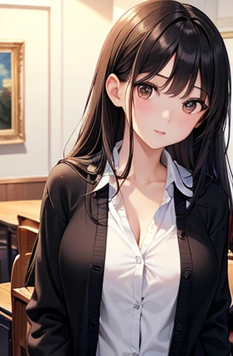 ((Highest quality)),(超High resolution),(Very detailed),(Detailed Description),((The best CG)),(A masterpiece of art),Ultra-detailed art,Amazing painting art,(Art with precise detail:1.5), Portraiture:1.6,Bust Shot:1.4,(1 female:1.5),Beautiful and well-proportioned face:1.5、 Japanese、girl,thin、Small face、Brown eyes、expensive、 High resolution,Black Hair、Long Hair、classroom、White blouse、(Black cardigan:1.2)、 years olre standing、mature,Big Breasts
