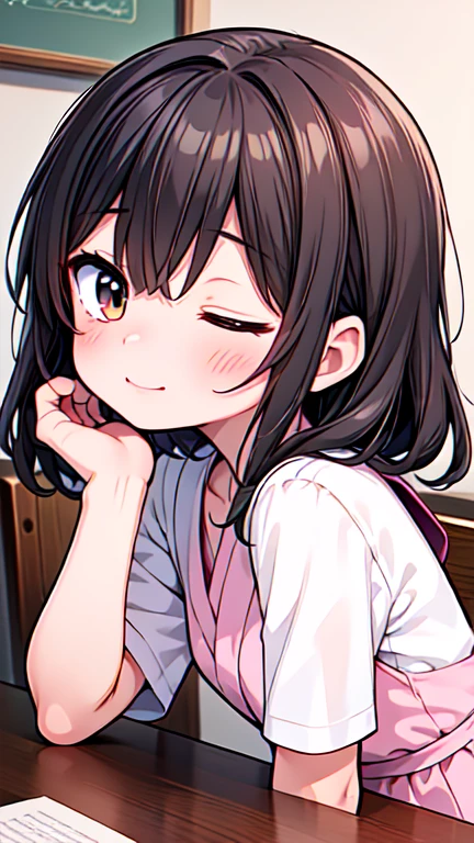 Let's think step by step,Highest quality, masterpiece, Ultra-high resolution, 8k,Show anime style ,Soft Line Art, Digital Enhancement, shojo anime touch, shojo manga core, Flowing fabric, close, Soft Drawing, Ultra-Definition Digital Anime Art, Clear facial depiction, Super detailed girl cartoon character art, Ultra-detailed manga style, Highest qualityの色,(((Upper body close-up))), (Tabletop,Highest quality:1.4),(8k,RAW Photos,Like the picture:1.2), Detailed skin,Detailed face,Woman with short brown hair,clear brown eyes, Anatomically perfect hands,A little chubby,Small breasts,Small butt,Japanese Idols,Cute Face,Both eyes closed,Laughing with mouth open