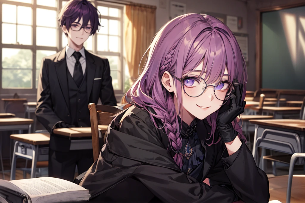 men's,single braid hair,violet colored hair,(Eye 1:2,Clear eyes,Elaborate Eyes,Delicate pupils,Good eyes,eye detailed),Face Focus,Adult,In black suit,best qualtiy,facial detailing,Classroom,sit on desk,sitting in the couch,lazy,Detailed background,diffuse sunlight,depth of fields,Studying Smiling at your desk, violet eyes,black gloves, round glasses, long sleeves,violet hair, smile,