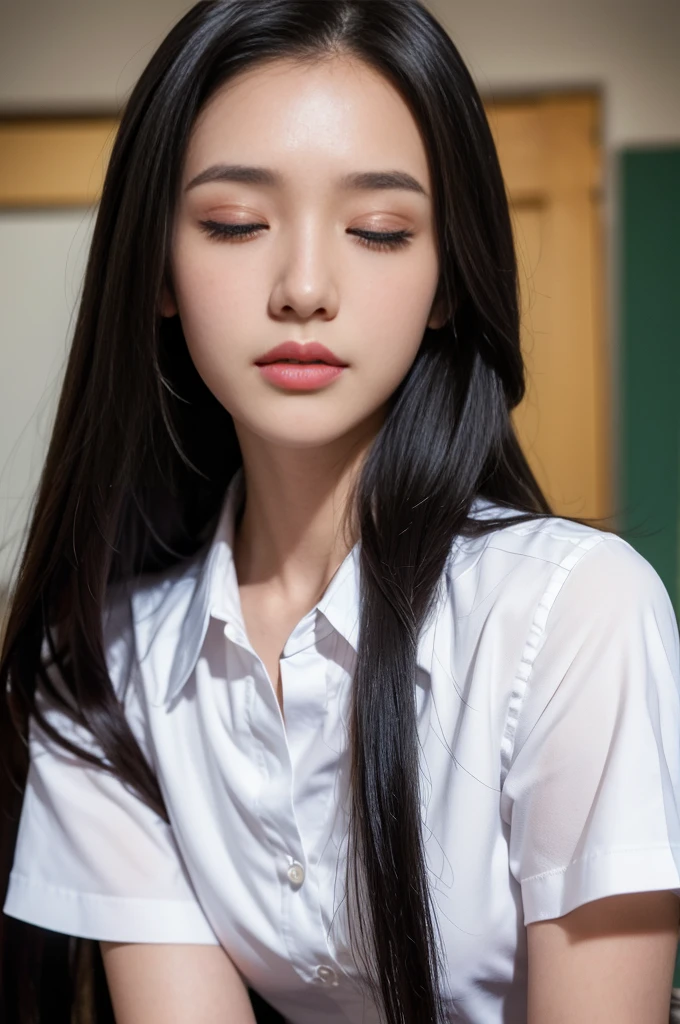 side pose:1.2, thai university uniform:1.4,Close ~ eyes:1.2,Open your mouth:1.2,Tired face:1.2,Face of Suffering:1.2,sky face:1.2,sleeping face:1.2, masterpiece、beautiful girl、fine 目、puffy eyes、highest quality, High resolution, (reality: 1.4), Cinema Lighting,so beautiful、Beautiful Skin、(super reality)、(High resolution)、(8k)、(Very detailed)、(beautiful and fine 目)、(Very detailed)、 Detailed face、black straight long hair、20-year-old、white short-sleeve button up shirt:1.2, black tight mini skirt:1.2, metal shirt buttons:1.4, in the dark classroom:1.1, looking up face:1.2, dark tone:1.1, medium close up:1.1, hair on the face:1.2