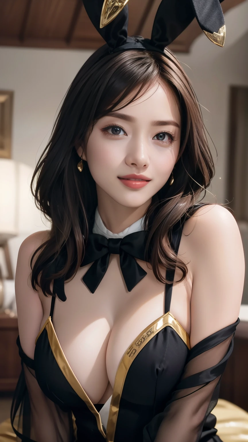 Highest quality、((Large Breasts))、Full body photography、Great light、Beautiful lighting、Natural Lip、Brown Hair、((Large Breastsの谷間が見える))、((Sexy black and gold bunny suit))、((Bunny ears headband、A bow tie))、Bunny girl、Gorgeous Accessories、Knee-high socks、Cute Smile、Dark Background