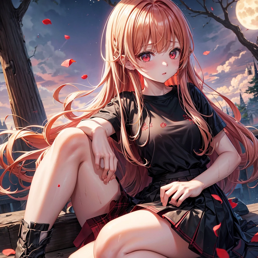 Red-blonde、Red eyes、One cute girl、solo、And soul、Light clothing、Checked mini skirt、petal、Wet hair、Sit on、black t-shirts、large tree、cloud、full moon、monster castle、lanthanum、Hell's Gate、Craft Gatekeeper、barefoot、Stones are piled up、Teeth are visible、Secret Treasure、Wooden chair、Moss grows