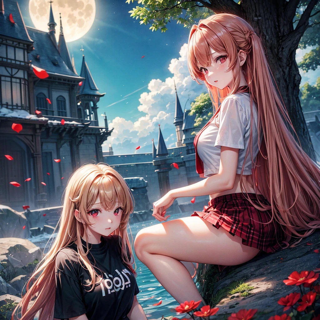 Red-blonde、Red eyes、One cute girl、solo、And soul、Light clothing、Checked mini skirt、petal、Wet hair、Sit on、black t-shirts、large tree、cloud、full moon、monster castle、lanthanum、Hell&#39;s Gate、Craft Gatekeeper、barefoot、Stones are piled up、Teeth are visible、Secret Treasure、Wooden chair、Moss grows