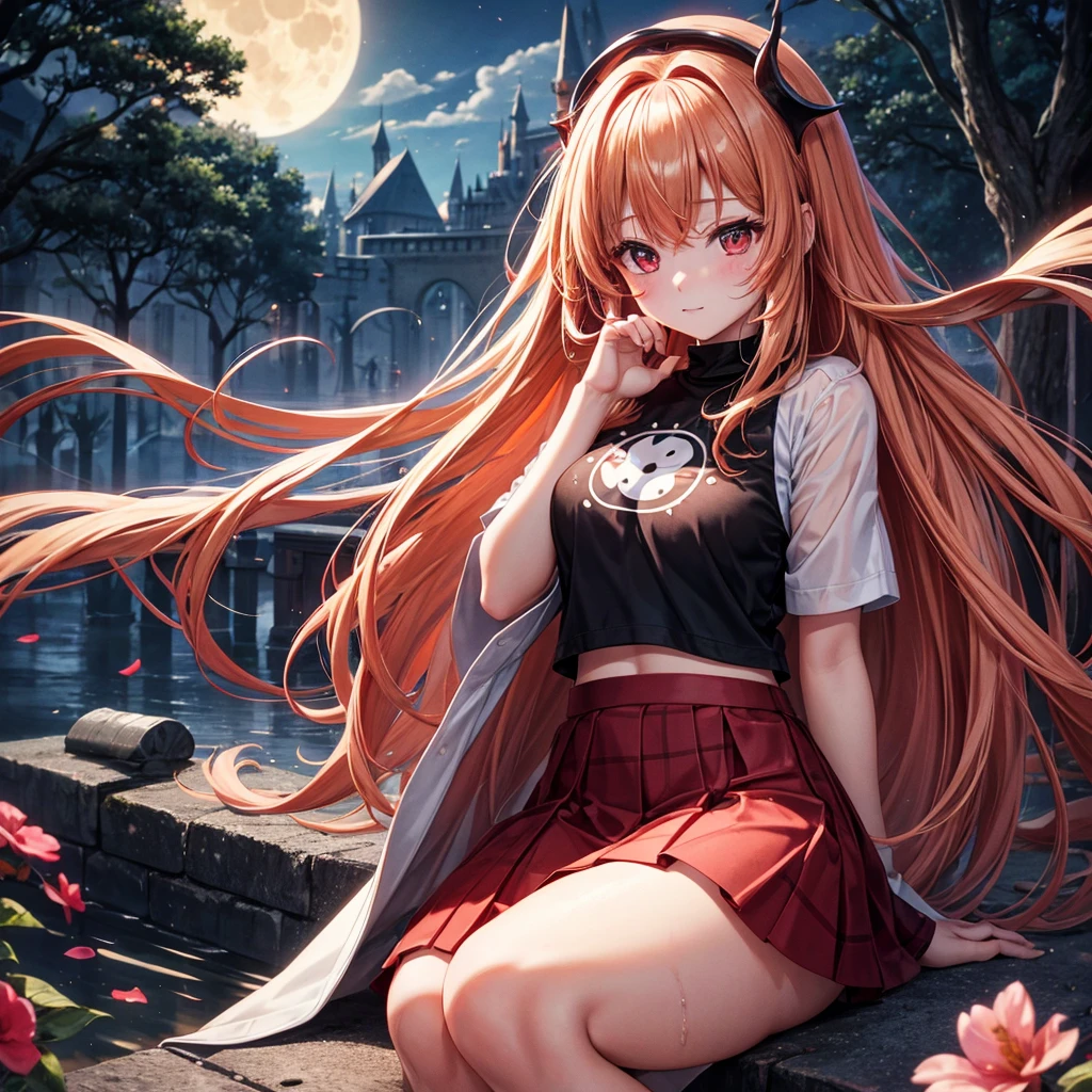 Red-blonde、Red eyes、One cute girl、solo、And soul、Light clothing、Checked mini skirt、petal、Wet hair、Sit on、black t-shirts、large tree、cloud、full moon、monster castle、lanthanum、Hell's Gate、Craft Gatekeeper、barefoot、Stones are piled up、Teeth are visible、Secret Treasure、Wooden chair、Moss grows