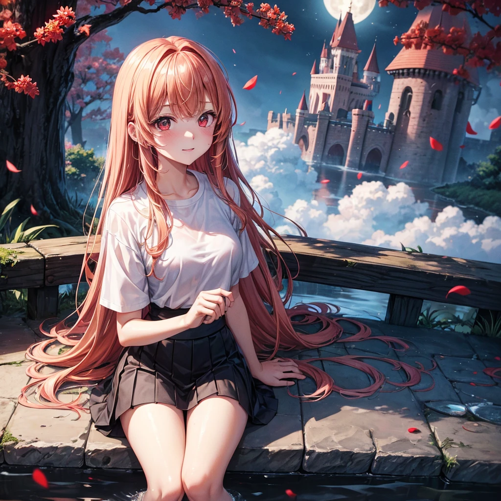 Red-blonde、Red eyes、One cute girl、solo、And soul、Light clothing、Checked mini skirt、petal、Wet hair、Sit on、black t-shirts、large tree、cloud、full moon、monster castle、lanthanum、Hell's Gate、Craft Gatekeeper、barefoot、Stones are piled up、Devil、Teeth are visible