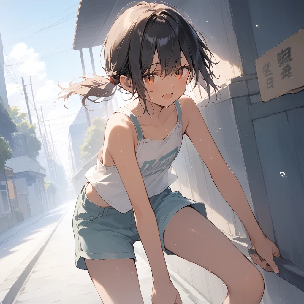 score_9, score_8_up, score_7_up, source_anime, best quality, masterpiece, official art, absurdres, highres, ultra-detailed,waifu2x,Collection: Slice of Life,break,1girl, tomboy, dark-skinned female, short hair, low ponytail, flat chest, beautiful detailed eyes, shorts, sweat, open mouth, (yawn:0.3), sleepily, outdoors, wind,break,(clear line illustration:1.2), super detailed skin,very high resolution, very aesthetic, Best  lighting powered by famous artist, 8k,cute picture,beauty illustration,photoshop_(medium),,(Detailed Lighting),best anime 8k konachan wallpaper, pixiv contest winner, 