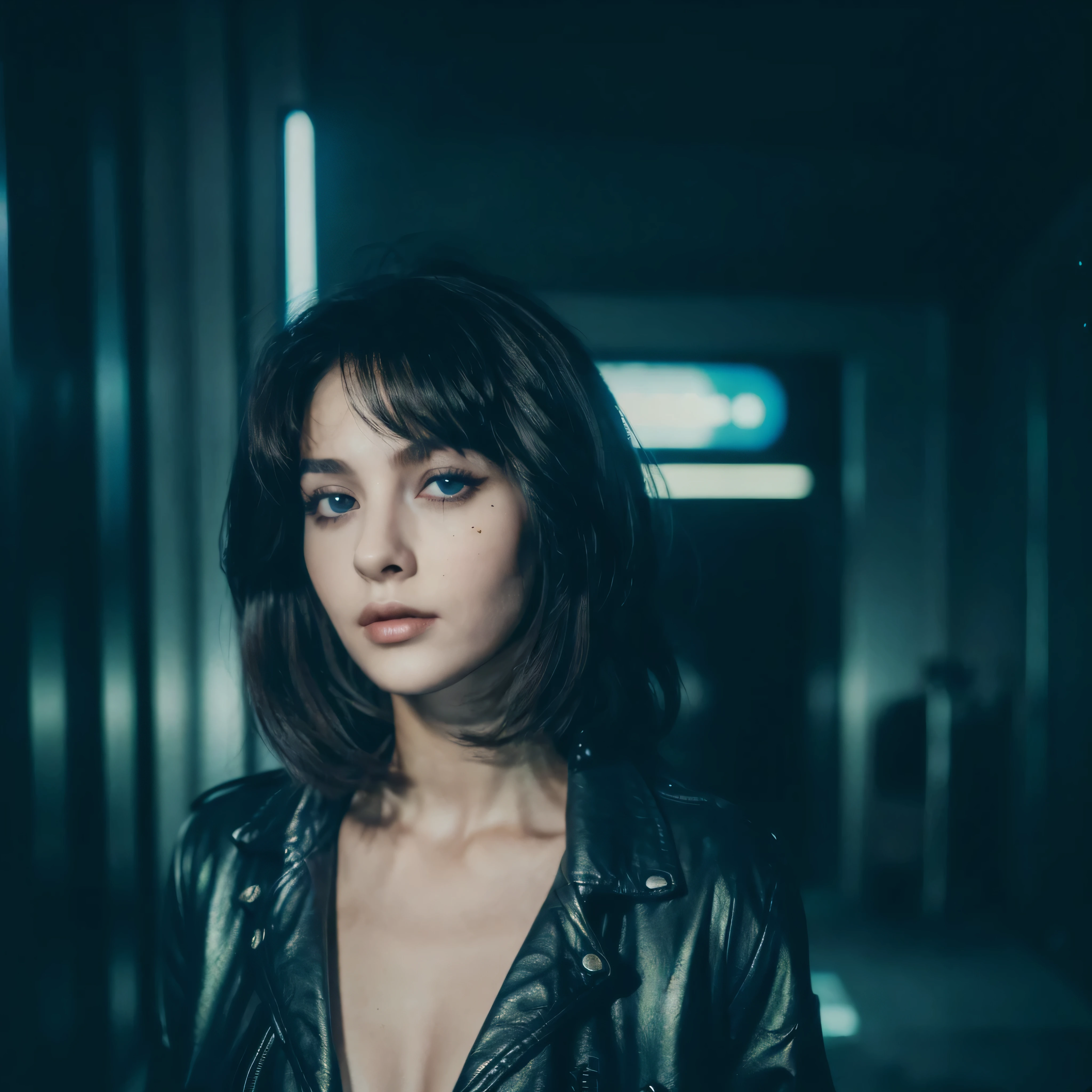 (Best Quality, Masterpiece, Ultra High Definition, High resolution, highly detailed, High Definition Face:1.5), 20-year-old woman, 1 beautiful woman, (full body photo:1.4), (Beautiful woman wearing a leather jacket:1.2), (beautiful eyes, light in the eyes), eyes are in focus, white skin, Glossy, shiny skin, very Fair skin, (film photography style, photo with strong shadows, Background neon light, City of night, cyber punk:1.2), frown, violently fluttering hair, very long hair styles, Slim, (Big Breasts)