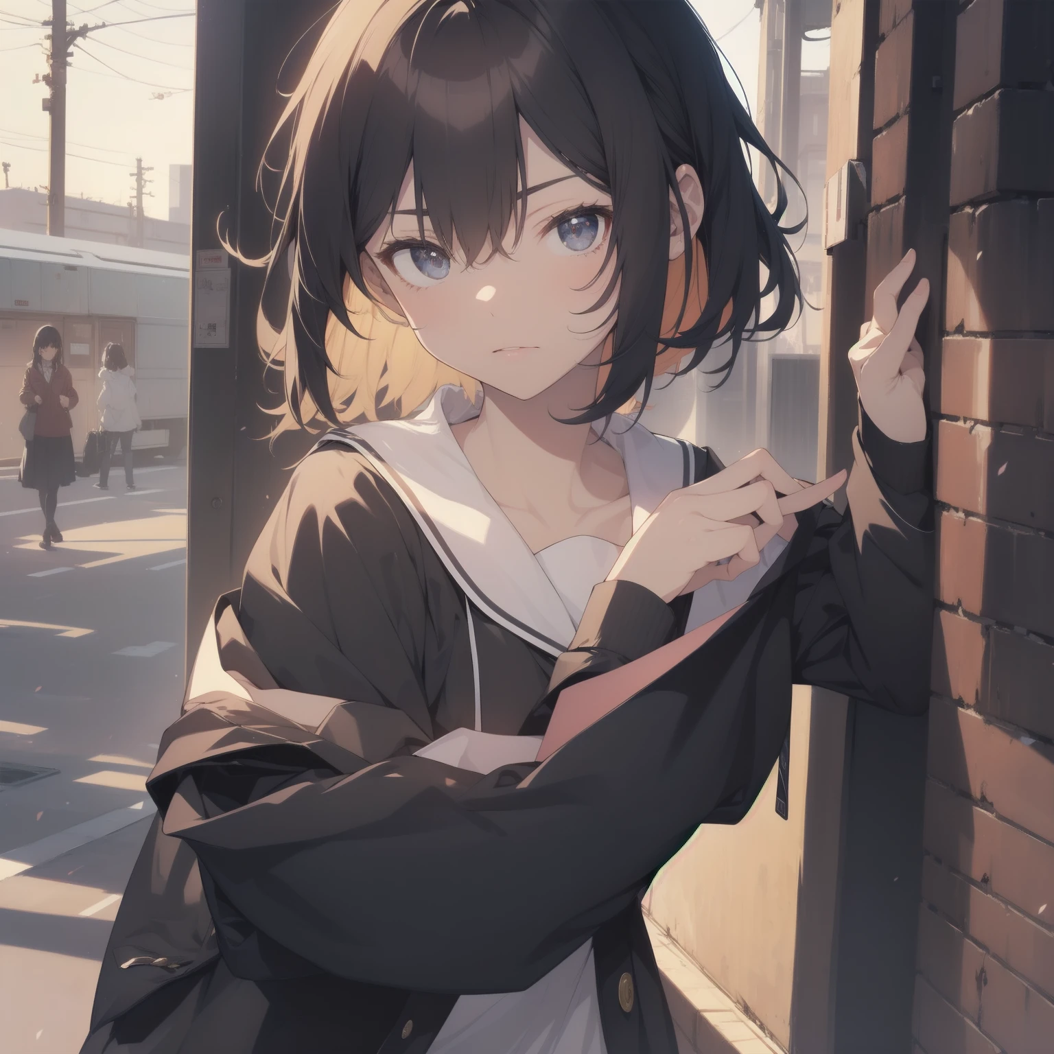 ultra-absurdres-Top quality by artist God, ultra-detailed, high resolution, anime moe artstyle, best anime 8k konachan wallpaper, pixiv contest winner, pool:2810, perfect anatomy,break, 1girl, (Please draw a girl walking sleepily to school alone. )break,(Solo,little female, 13-year-old:1.3),Full limbs, complete fingers,a junior high school student, (very short hair), short cut, flat chest, , small butt, small black eyes, beautiful detailed eyes, well-proportioned iris and pupils, expressive eyes, highres detailed hair, soft expression, salor school_uniform, sailor collar, serahuku, bow, pleated skirt,(Detailed Lighting), (Detailed background), in the School commute route. break,super detailed skin, Best cinematic lighting powered by famous artist, 8k,beauty illustration,photoshop_(medium),very aesthetic,break,((artist:anti_(untea9) )), artist:clamp ,artist:carnelian ,artist:kantoku ,