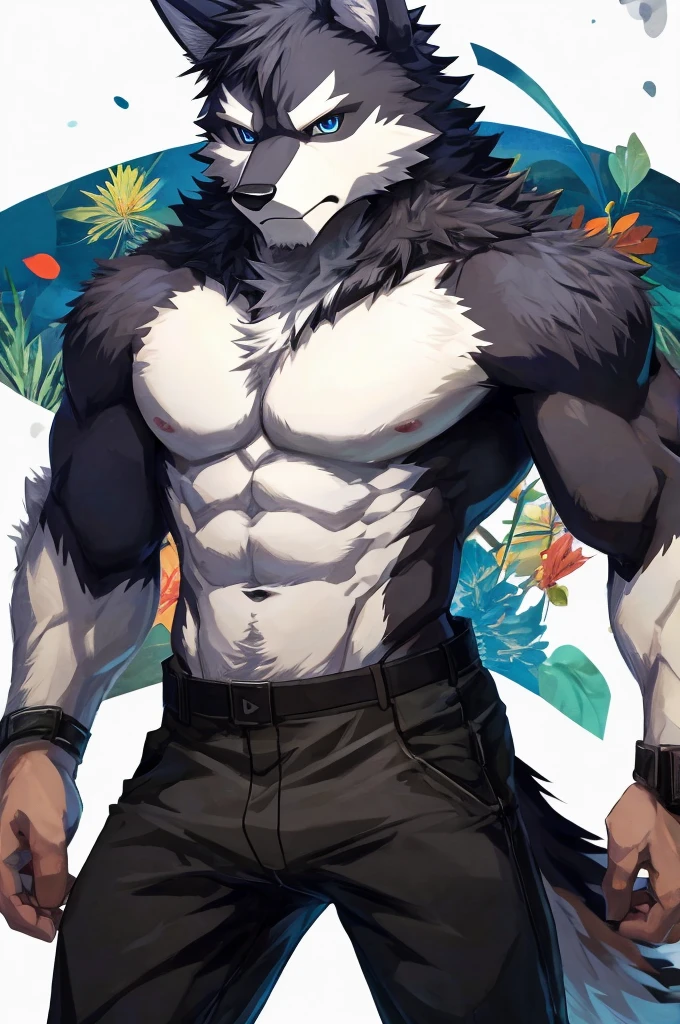 (masterpiece, 4K, ultra detailed), husky furry, masculine, black fur, white belly fur, muscular, eight-pack, shirtless, illustration, simple colors, white background, handsome, frown, single, black trousers, anime, age, blue eyes