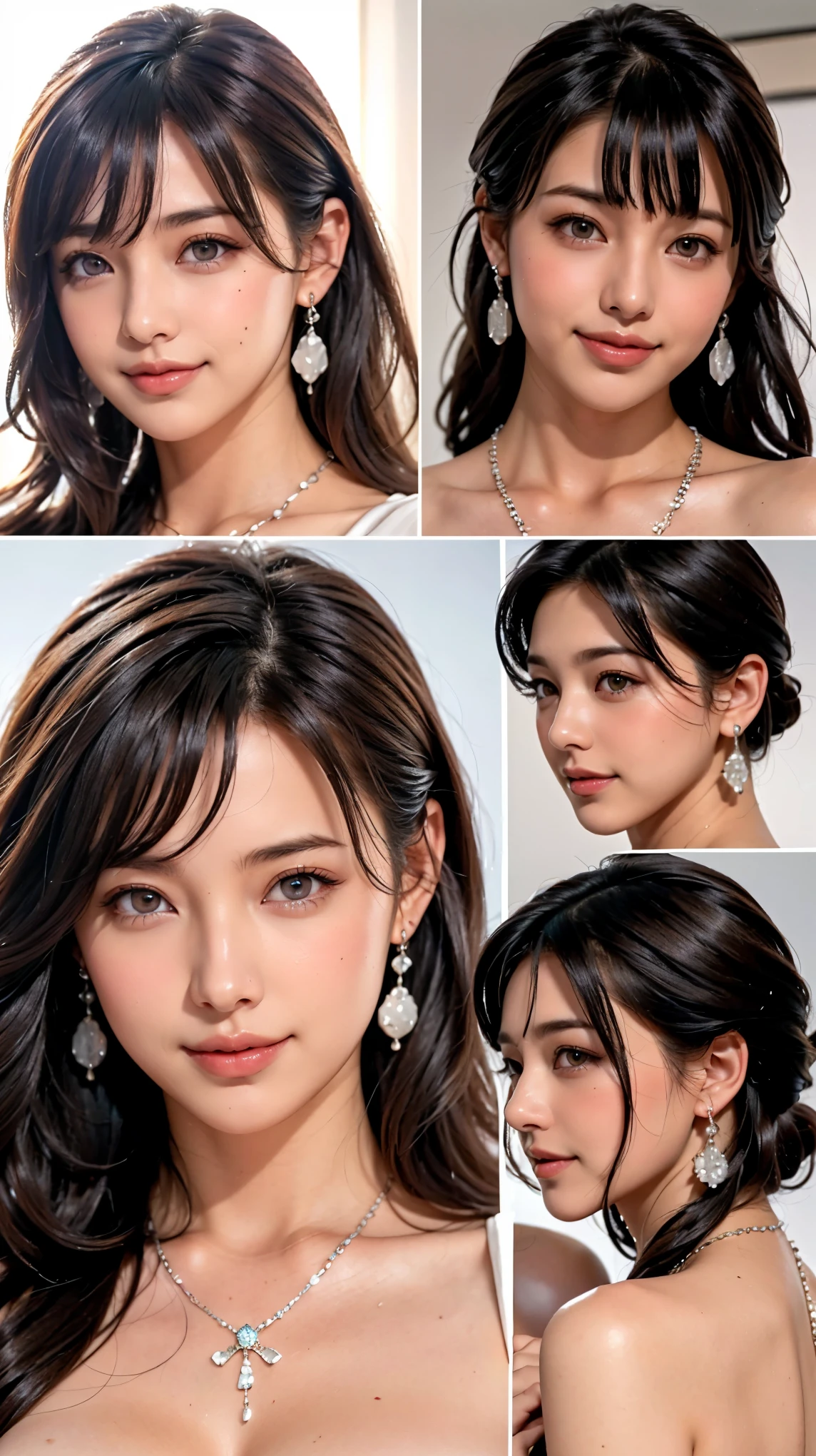 (Highest quality,High resolution,Pixel perfect,8k), (1 Girl:1.2), Beautiful woman,((Wavy mid-length hair, bangs, Brown Hair)), ((Brown eyes, Beautiful eyelashes, Realistic eyes)), ((Detailed face, blush:1.2)), ((Smooth texture:0.75, Realistic texture:0.65, Realistic:1.1, Anime CG Style)), Medium Chest, Perfect body, (Earrings,necklace,A shy smile), ((nude:1.1), (Multiple Views,Two views)