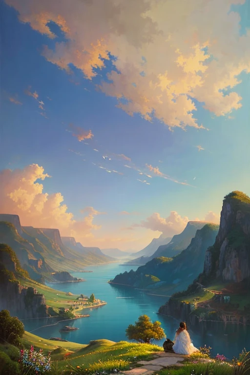 Highest quality、Landscape painting、Looking down at the beautiful clouds、Spectacular views、Hair blowing in the wind