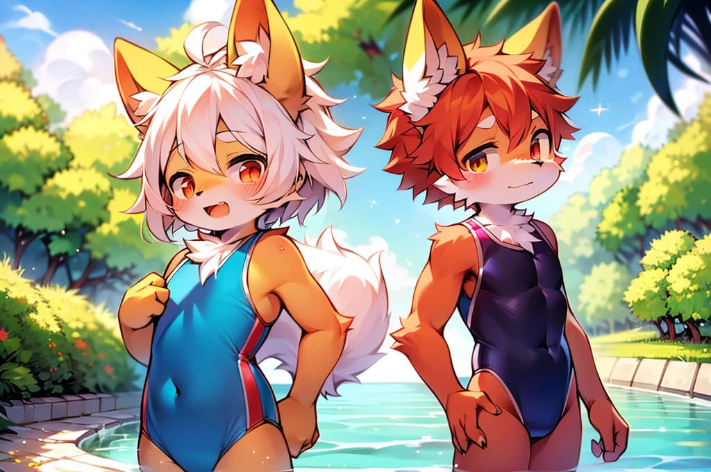 By Dagasi,yupa,kiyosan,两只可爱的毛绒绒的雄性狐狸穿着三角连体Tight swimsuit在河边站着玩耍,他们都只穿着三角连体Tight swimsuit,The riverside is lush with vegetation and bright environment,(((Wearing a triangular one-piece swimsuit:1.9,Tight swimsuit:1.8,Competition swimsuit:1.6,只Wearing a triangular one-piece swimsuit:1.9,Standing))),outdoor,Playing in the river:1.5,Bright environment,Sunlight,lush environment,Double。Fluffy fur,Red fur,Fur all over the body,Fluffy tail,Rounded body,boy,Male pup,,Red Eyes,White hair,barefoot,Bright Eyes,panoramic:1.2,Character Focus:1.2。Detailed background:1.2,8k,high quality,high resolution