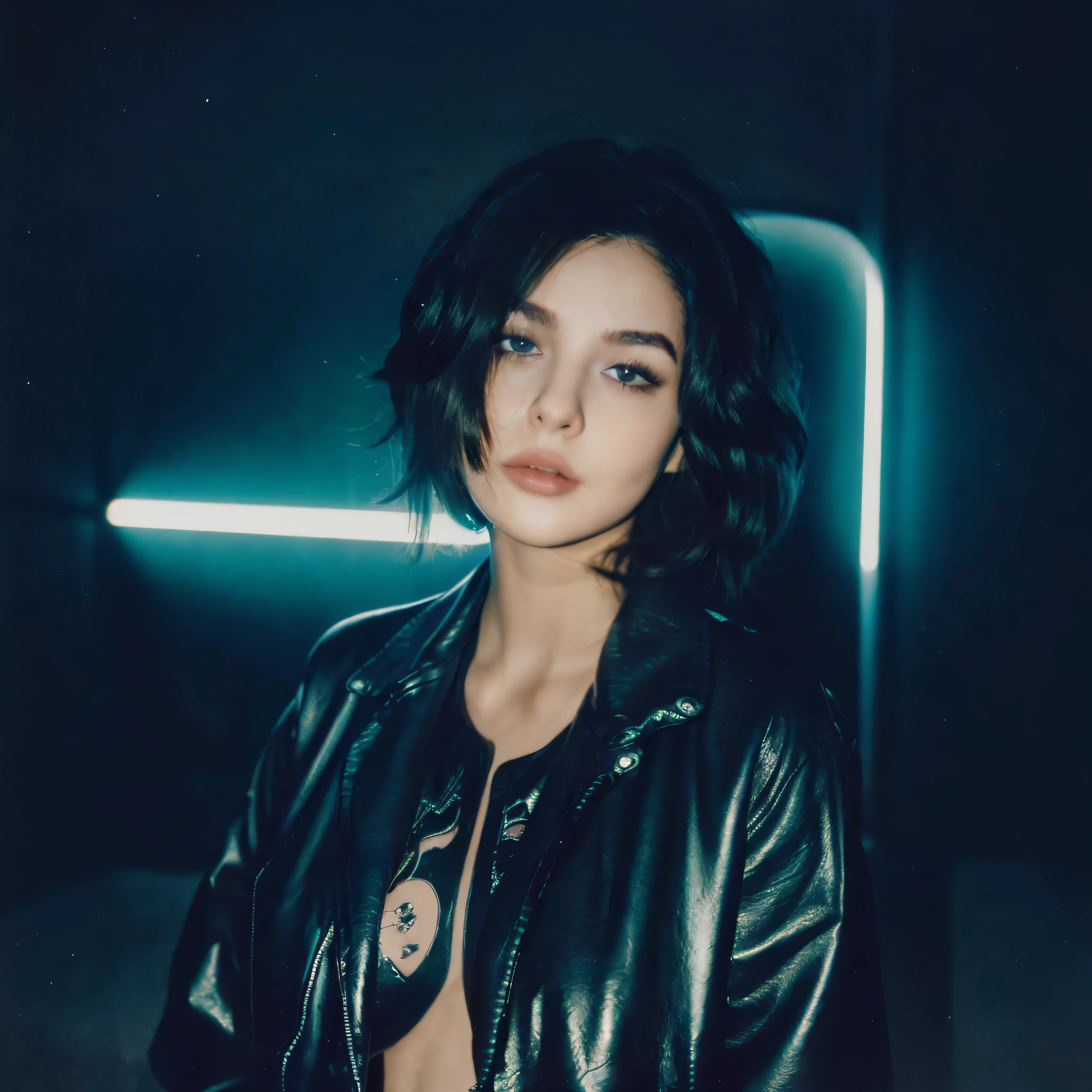 (Best Quality, Masterpiece, Ultra High Definition, High resolution, highly detailed, High Definition Face:1.5), 20-year-old woman, 1 beautiful woman, (full body photo:1.4), (Beautiful woman wearing a leather jacket:1.2), (beautiful eyes, light in the eyes), short cut hair, eyes are in focus, white skin, Glossy, shiny skin, very Fair skin, (film photography style, photo with strong shadows, Background neon light, City of night, cyber punk:1.2), frown, violently fluttering hair, very long hair styles, Slim, (Big Breasts)