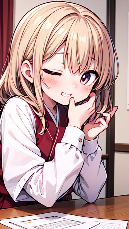 Let's think step by step,Highest quality, masterpiece, Ultra-high resolution, 8k,Show anime style ,Soft Line Art, Digital Enhancement, shojo anime touch, shojo manga core, Flowing fabric, close, Soft Drawing, Ultra-Definition Digital Anime Art, Clear facial depiction, Super detailed girl cartoon character art, Ultra-detailed manga style, Highest qualityの色,(((Upper body close-up))), (Tabletop,Highest quality:1.4),(8k,RAW Photos,Like the picture:1.2), Detailed skin,Detailed face,Woman with short brown hair,clear brown eyes, Anatomically perfect hands,A little chubby,Small breasts,Small butt,Japanese Idols,Cute Face,left and right eyes closed,Smiling with mouth open, showing upper teeth