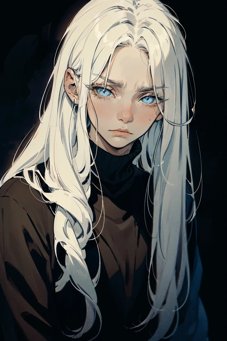 ((1 boy)), detaile close portrait, (long straight white hair), loose hair, (Hair closes the eyes), big Blue eyes, long eyelashes, beautiful detailed eyes, modest, quiet, lonely, An anxious look, upset, black soft sweater, soft light, beautiful detailed face, 8K, masterpiece, dark background, details on the background