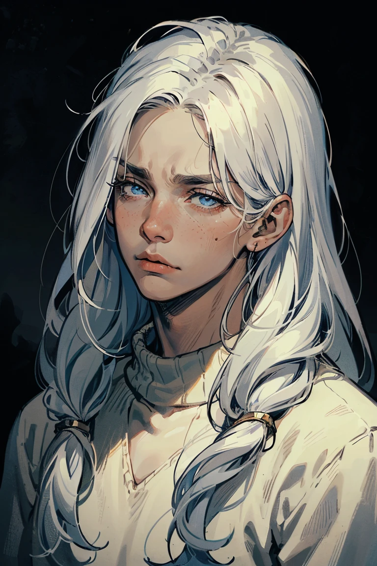 ((1 boy)), detaile close portrait, (long straight white hair), loose hair, (Hair closes the eyes), big Blue eyes, long eyelashes, beautiful detailed eyes, modest, quiet, lonely, An anxious look, upset, black soft sweater, soft light, beautiful detailed face, 8K, masterpiece, dark background, details on the background