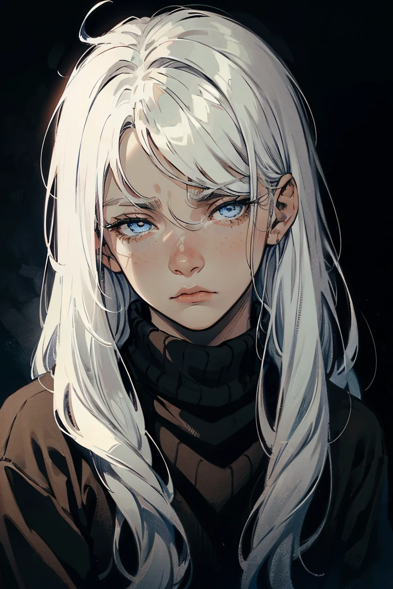 ((1 boy)), detaile close portrait, (long straight white hair), loose hair, (Hair closes the eyes), big Blue eyes, long eyelashes, beautiful detailed eyes, modest, quiet, lonely, An anxious look, upset, black soft sweater, soft light, beautiful detailed face, 8K, masterpiece, dark background, details on the background