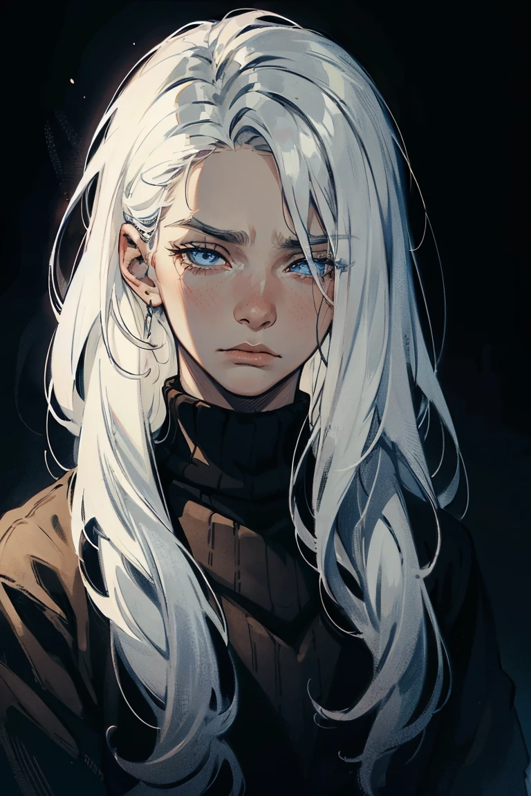 ((1 boy)), detaile close portrait, (long straight white hair), loose hair, (Hair closes the eyes), big Blue eyes, long eyelashes, beautiful detailed eyes, modest, quiet, lonely, An anxious look, upset, black soft sweater, soft light, beautiful detailed face, 8K, masterpiece, dark background, details on the background